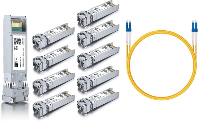 Main image of 10 Pack 10Gb Singlemode Module with 1m OS2 LC to LC Fiber Cable, 10GBASE-LR Compatible for Cisco SFP-10G-LR, Meraki, Ubiquiti,Mikrotik, Netgear,D-Link and More