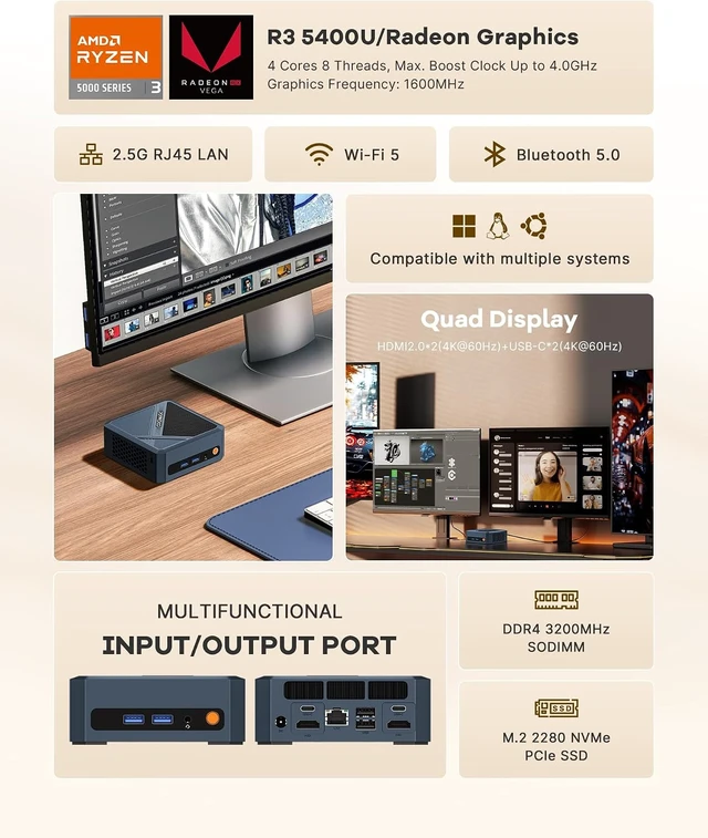 Alt view image 2 of 7 - C8 Mini PC, AMD Ryzen 5400U 4C/ 8T, Business Home Office PC