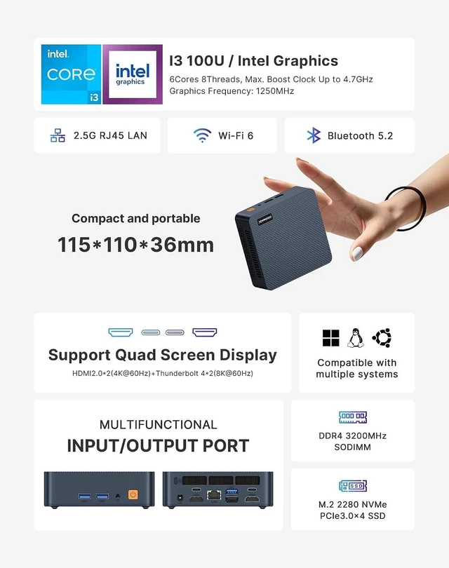 Alt view image 2 of 7 - C7 Mini PC, Intel Core 3 100U, 16GB DDR4 RAM 512GB NVMe SSD