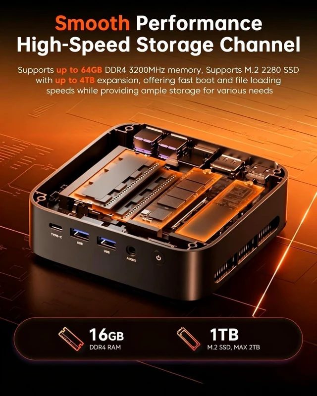 Alt view image 5 of 7 - ACEMAGICIAN Kron Mini K1 AMD Mini PC Ryzen 7730U, Mini Gaming PC 16GB DDR4 1TB SSD, Mini Computers Micro Desktop PC Support 4K Triple Display/WiFi6/BT5.2 for Gaming/Office/Home