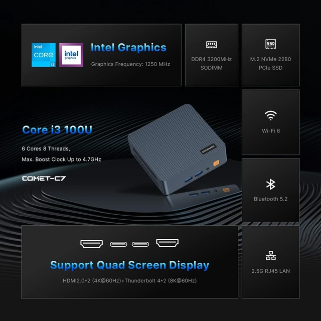 Alt view image 2 of 7 - C7 Mini PC Intel Core 100U (Beats R2544/3500U/N95), 16GB DDR4 RAM 512GB SSD