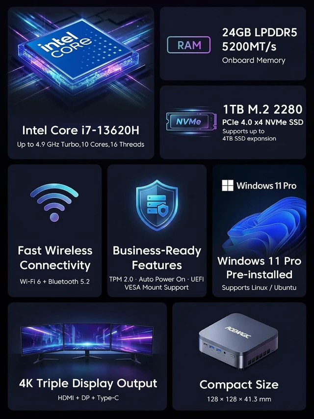 Alt view image 2 of 7 - ACEMAGIC M5 Mini PC, i7-13620H (10C/16T, up to 4.9GHz), 24GB RAM, 1TB SSD