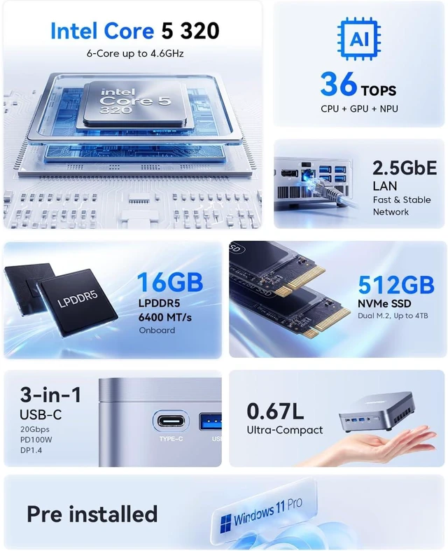 Alt view image 2 of 7 - ACEMAGIC K5 Ai Mini PC(Up to 36 Tops), Intel Core 5 320, 16GB RAM 512GB SSD
