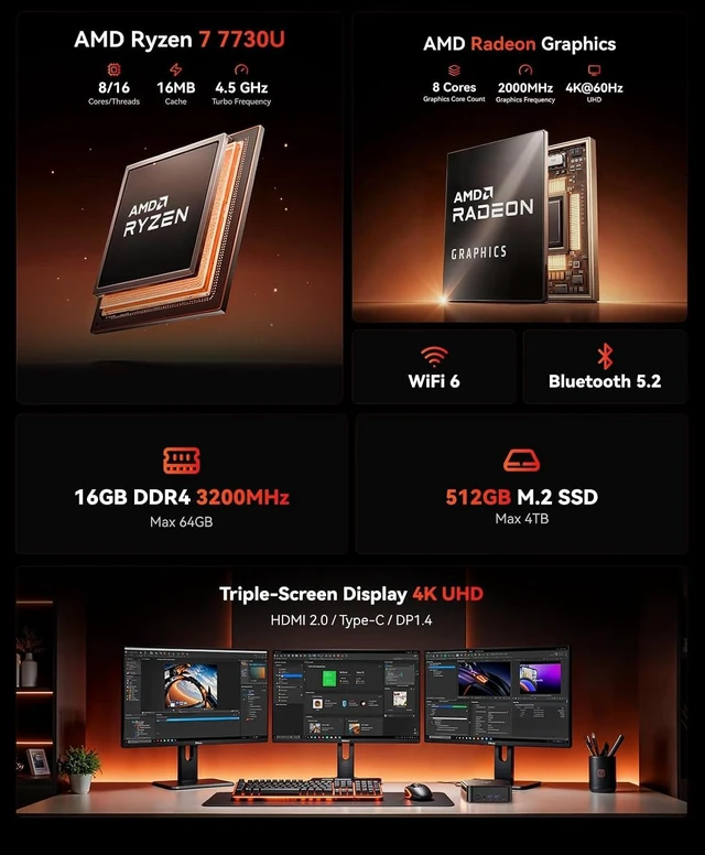 Alt view image 3 of 7 - KAMRUI Mini Gaming PC AMD Ryzen 5 7530U 16GB RAM 512GB SSD