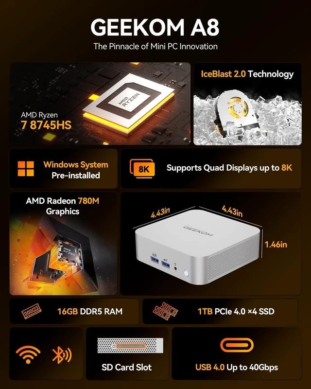 Alt view image 2 of 7 - GEEKOM A8 Mini PC, Ryzen 7 8745HS, 16GB DDR5 Upgradeable RAM, 1TB SSD