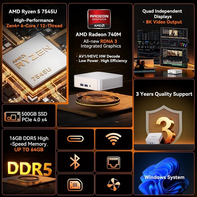 Alt view image 2 of 7 - GEEKOM A7 Mini PC,Ryzen 5 7545U(Low-Power) 16GB DDR5 &500GB SSD(Expandable)