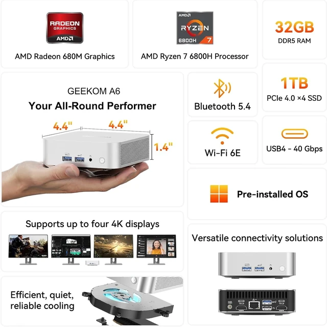 Alt view image 2 of 7 - GEEKOM A6 Mini PC with AMD Ryzen 7 6800H, 32GB DDR5 RAM 1TB SSD