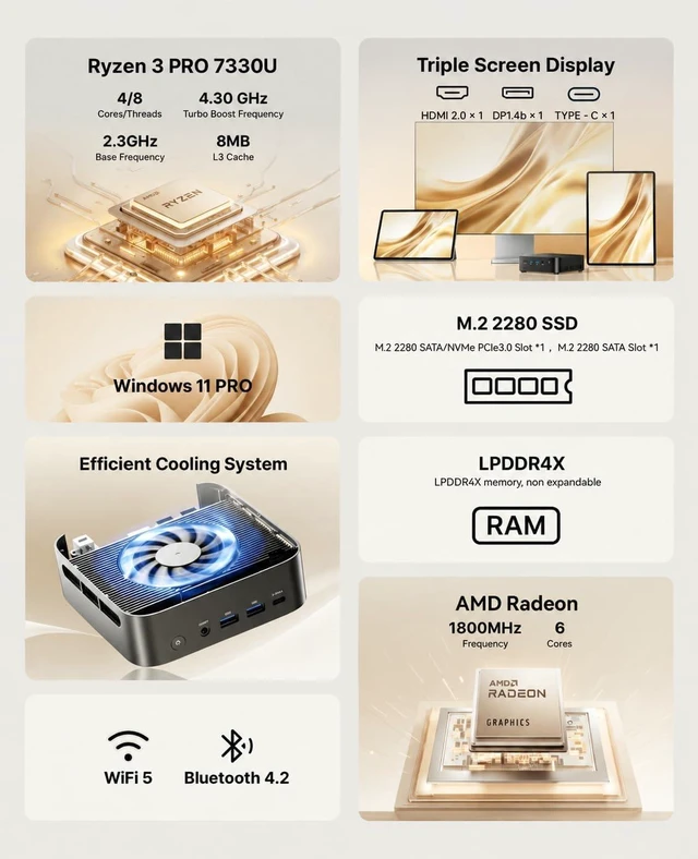 Alt view image 2 of 7 - ACEMAGIC K1 Mini PC, AMD Ryzen 7330U Pro(Up to 4.3GHz), 16GB RAM 256GB SSD