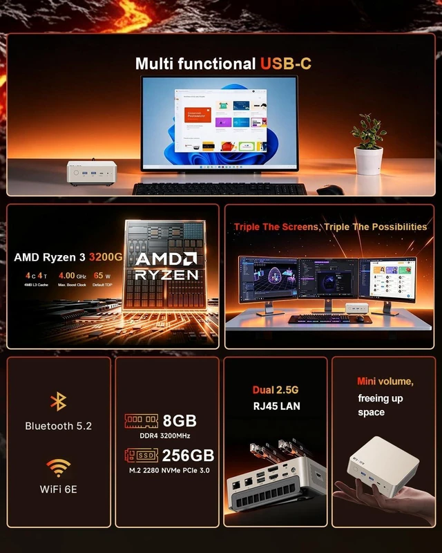 Alt view image 3 of 7 - wo-we H7 Mini PC AMD Ryzen 3 3200G 8GB 256GB, AM4 Socket, 65W Full Power
