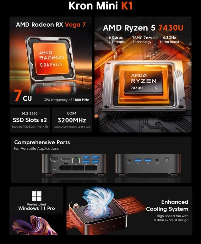 Alt view image 2 of 7 - ACEMAGIC K1 Mini PC Win 11 Pro, AMD Ryzen 5 7430U, 16GB DDR4, 512GB SSD