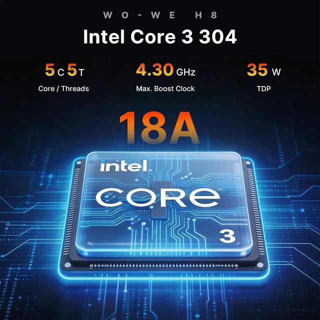 Alt view image 3 of 7 - wo-we AI Mini PC, Intel Core 3 304 Wildcat Lake, 8GB LPDDR5, 24 TOPS AI