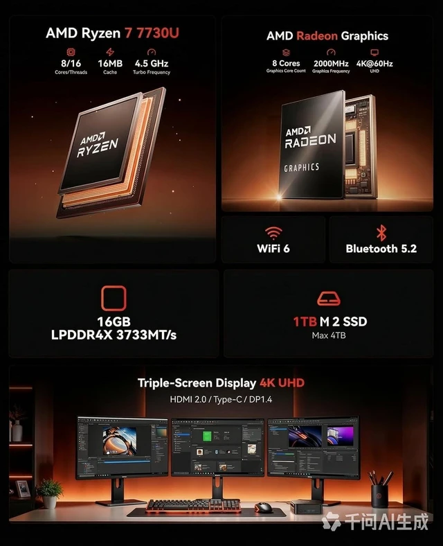Alt view image 2 of 7 - KAMRUI Gaming Mini PC, AMD R7 7730U 16GB RAM 1TB SSD Windows-11 Pro(4.5GHz)