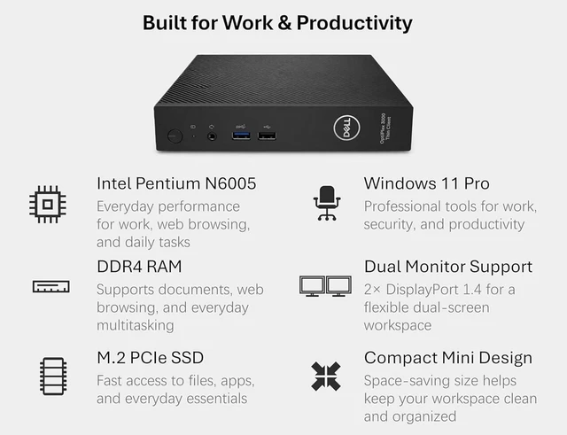 Alt view image 2 of 6 - Dell OptiPlex 3000 Business Mini PC, Intel Pentium N6005 Quad-Core CPU, 12GB RAM, 256GB PCIe SSD, Ultra-Compact Desktop for Everyday Use, Dual 4K Display Support, Wired KB&Mouse, Windows 11 Pro