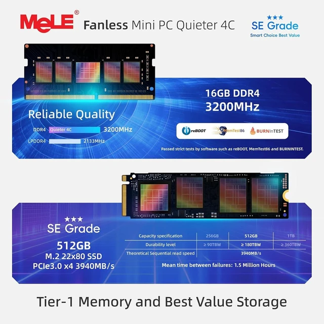 Alt view image 5 of 7 - MeLE SE Grade Quieter 4C Fanless Mini PC N150 (up to 3.6GHz) 16GB 512GB