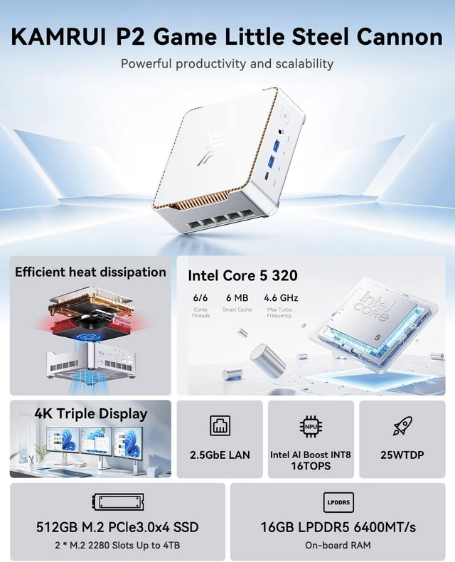 Alt view image 2 of 7 - KAMRUI P2 AI Mini PC, Core 5 320 Mini Computers(36 Tops AI Computing)
