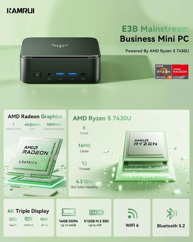 Alt view image 2 of 7 - KAMRUI E3B Mini PC AMD Ryzen 5 7430U 16GB RAM 512GB SSD Micro Computers