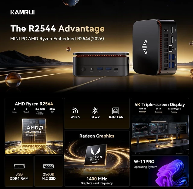 Alt view image 2 of 7 - KAMRUI Mini PC AMD Ryzen Embedded R2544 8GB DDR4 RAM 256GB SSD Win 11-Pro