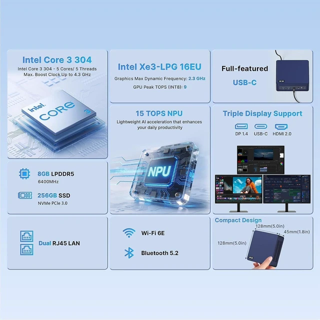 Alt view image 2 of 7 - wo-we Ai Mini PC Wildcat Lake Intel core 3 304 8GB LPDDR5 256GB TLC SSD