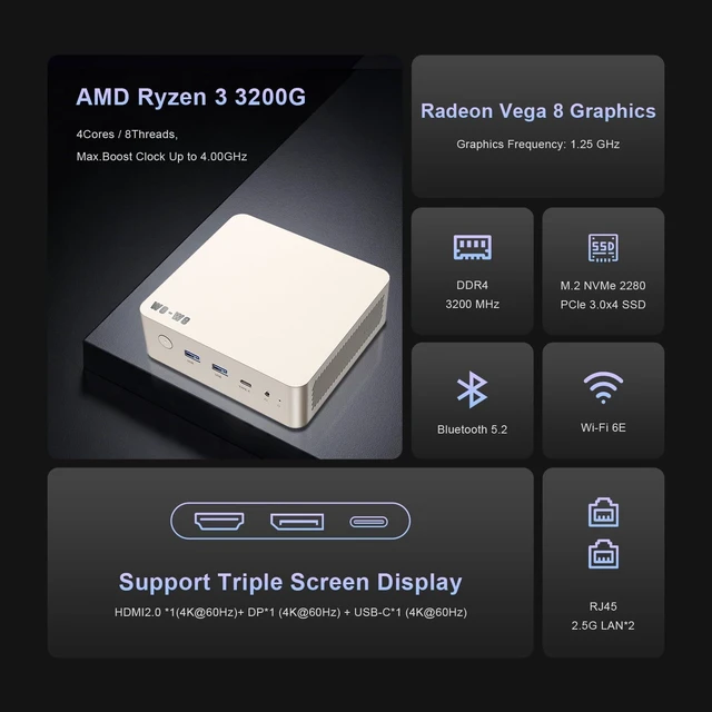 Alt view image 3 of 7 - wo-we H7 Mini PC AMD Ryzen 3 3200G AM4 Upgradeable CPU,8GB 256GB,2×2.5G LAN