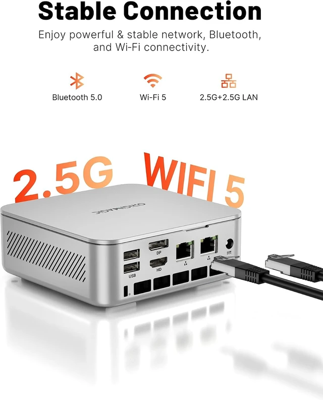 Alt view image 7 of 7 - N5 Mini PC, Ryzen 3 5400U up to 4.0GHz, 16GB DDR4 RAM 512GB NVMe SSD, Triple 4K Display, Dual 2.5GbE, WiFi 5, Bluetooth 5.0, Dual M.2 Storage Expansion, Small Desktop for Home Office Business