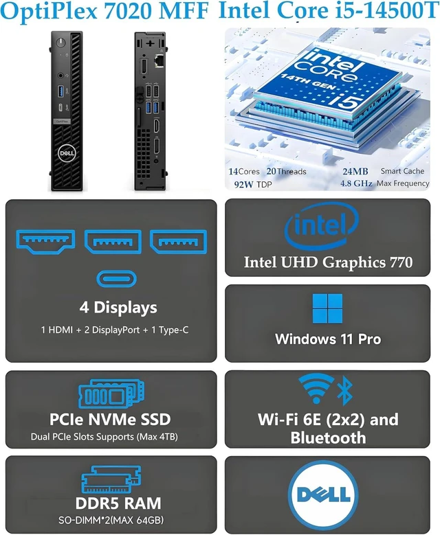 Alt view image 2 of 7 - Dell OptiPlex 7020 MFF i5-14500T 8GB DDR5 256GB SSD Business Mini PC