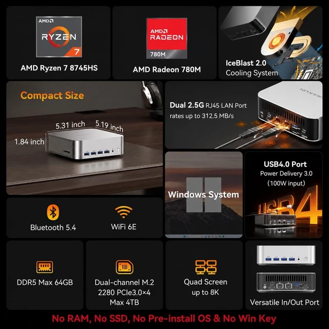 Alt view image 2 of 7 - GEEKOM Barebones A8 Max Office Mini PC|AMD Ryzen 7 8745HS (Beats 7735hs)