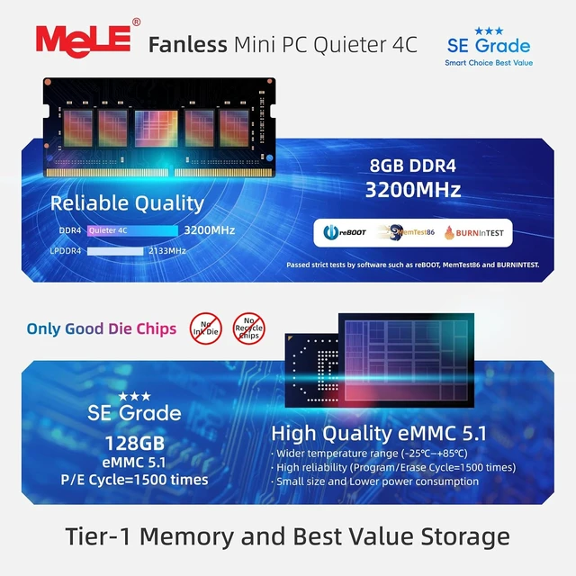 Alt view image 5 of 7 - MeLE SE Grade Quieter 4C Fanless Mini PC N150 (up to 3.6GHz) 8GB 128GB