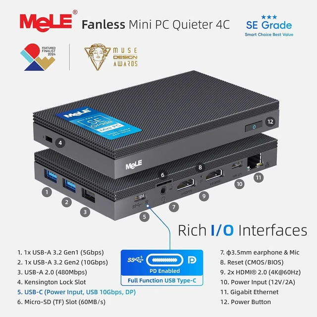 Alt view image 6 of 7 - MeLE SE Grade Quieter 4C Fanless Mini PC N150 (up to 3.6GHz) 16GB 512GB