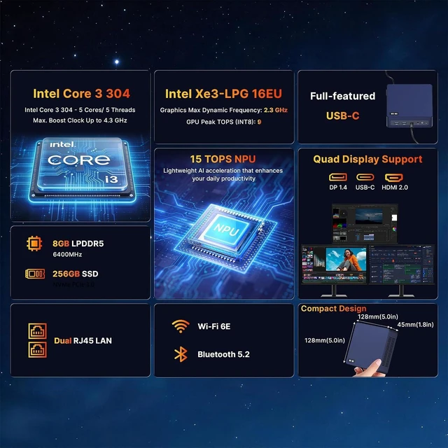 Alt view image 2 of 7 - wo-we Wildcat Lake AI Mini PC Intel Core 3 304 6400MHZ LPDDR5, AI 24 TOPS