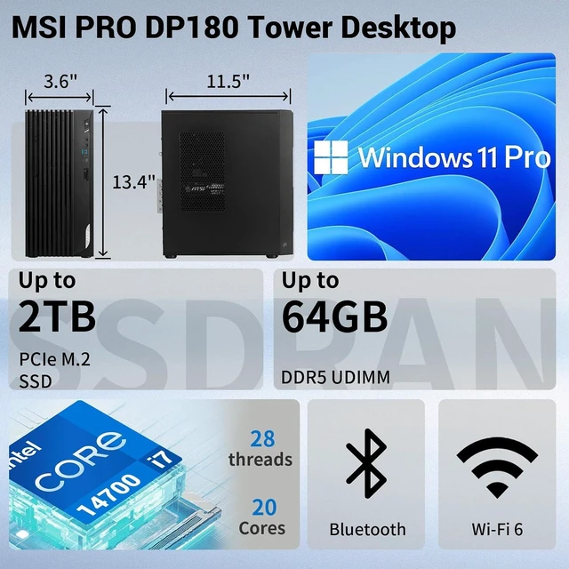 Alt view image 2 of 7 - MSI PRO DP180 Business Tower Desktop Computer, Intel 20-Core i7-14700
