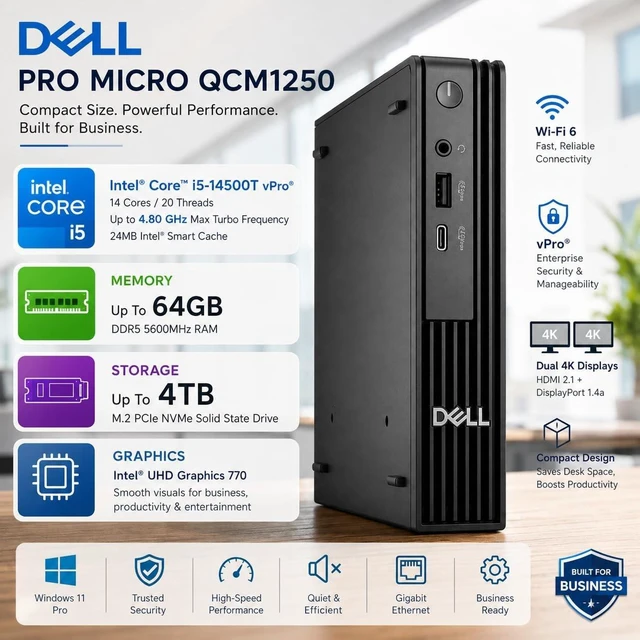 Alt view image 2 of 7 - Dell Pro Micro QCM1250 Mini Desktop (New OptiPlex), 14th Gen i5-14500T (14 Cores, Up to 4.8GHz), 16GB DDR5, 512GB PCIe SSD, HDMI+DP Dual Monitor Support, USB-C, Wi-Fi 6E, Windows 11 Pro
