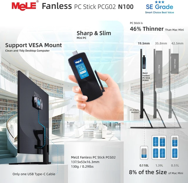 Alt view image 7 of 7 - MeLE SE Grade PC Stick PCG02 Fanless Mini PC N100 8GB RAM 128GB Storage
