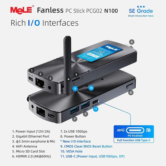 Alt view image 5 of 7 - MeLE SE Grade PC Stick PCG02 Fanless Mini PC N100 8GB RAM 128GB Storage