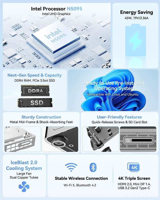 Alt view image 2 of 7 - GEEKOM Air11 Mini PC, Intel N5095, 8GB RAM/256GB NVMe SSD