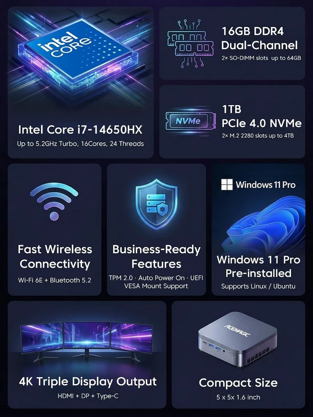 Alt view image 2 of 7 - ACEMAGIC M5 Mini PC Intel Core i7-14650HX 16GB DDR4 1TB HX-Class Processor