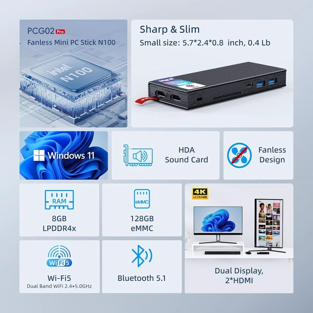 Alt view image 2 of 7 - MeLE Fanless Mini PC Stick PCG02 Pro N100 8G 128G Win 11 Pro Business-Grade
