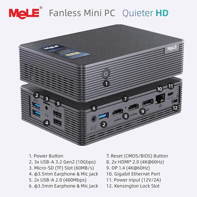Alt view image 4 of 7 - MeLE Mini PC Quieter HD33, Fanless PC N150 16GB 512GB, Triple 4K Display
