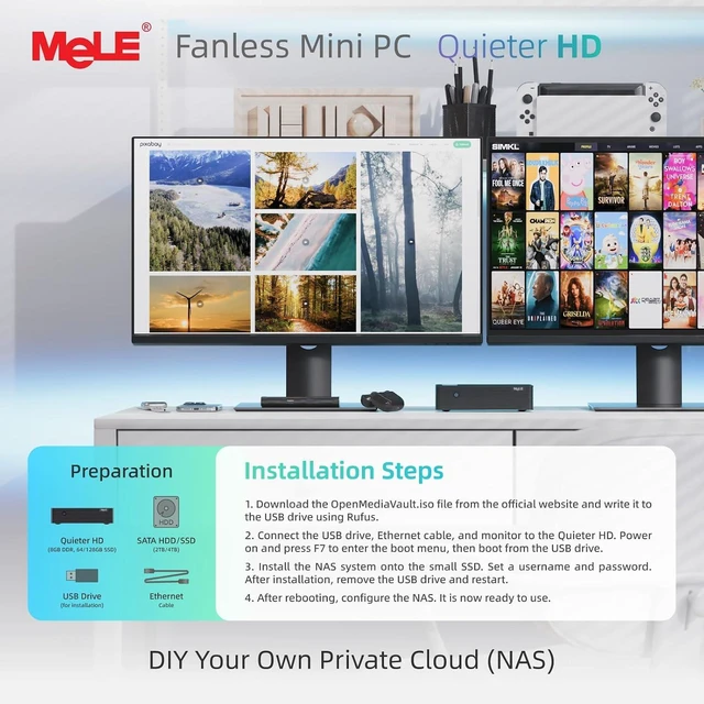 Alt view image 7 of 7 - MeLE Mini PC Quieter HD33, Fanless PC N150 16GB 512GB, Triple 4K Display