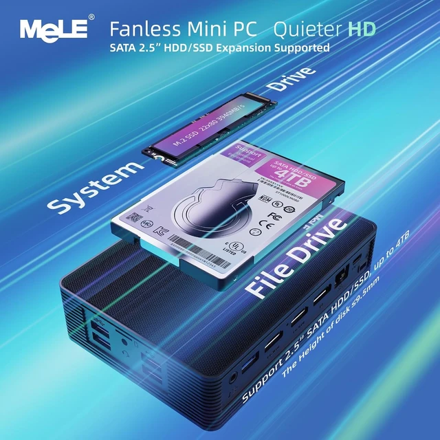 Alt view image 4 of 7 - MeLE Mini PC Quieter HD33, Fanless PC N150 8GB 128GB, Triple 4K Display