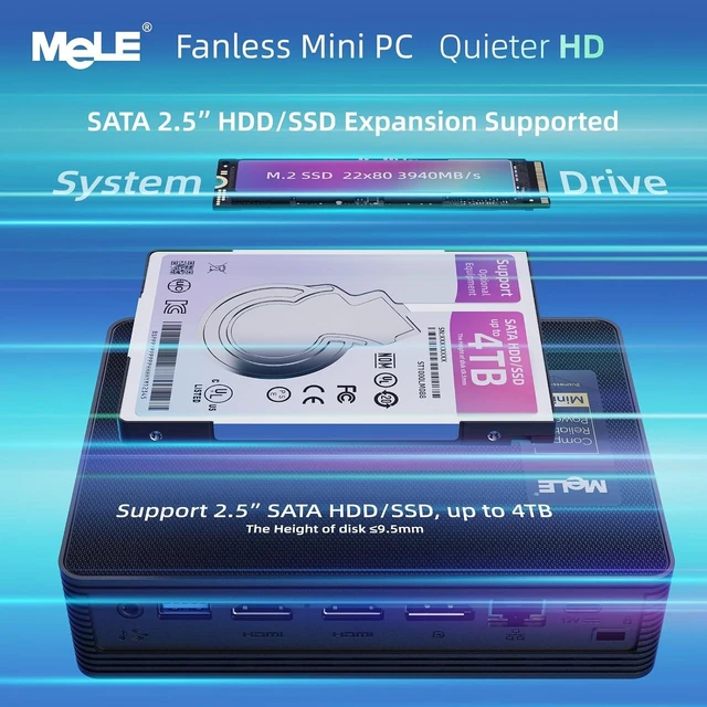 Alt view image 5 of 7 - MeLE Mini PC Quieter HD33, Fanless PC N150 16GB 512GB, Triple 4K Display