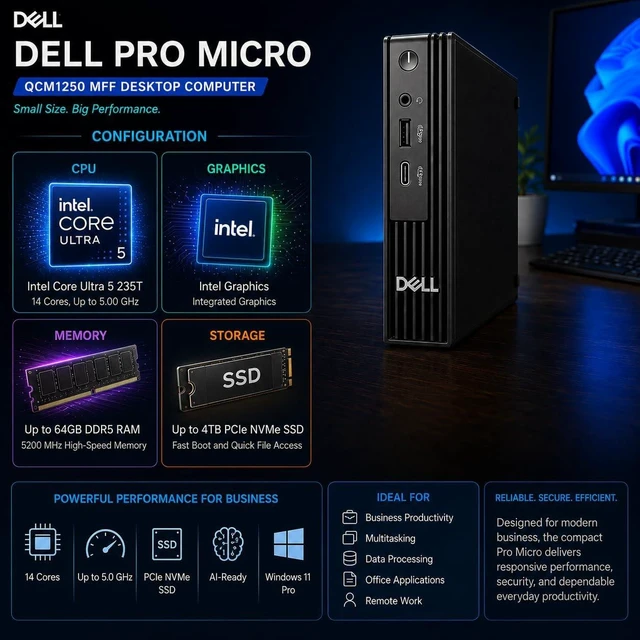 Alt view image 2 of 7 - Dell Pro Micro QCM1250 Mini Desktop (New OptiPlex Version), Intel Core Ultra 5 235T (14 Cores, Up to 5.0GHz), 16GB DDR5 RAM, 512GB SSD + 500GB External Drive,HDMI + DisplayPort, Wi-Fi 6E, Win 11 Pro