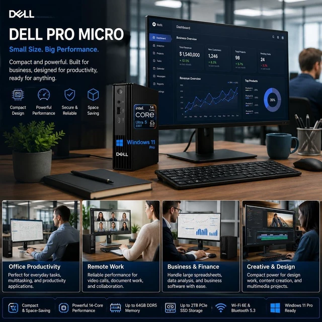 Alt view image 3 of 7 - Dell Pro Micro QCM1250 Mini Desktop (New OptiPlex Version), Intel Core Ultra 5 235T (14 Cores, Up to 5.0GHz), 16GB DDR5 RAM, 512GB SSD + 500GB External Drive,HDMI + DisplayPort, Wi-Fi 6E, Win 11 Pro