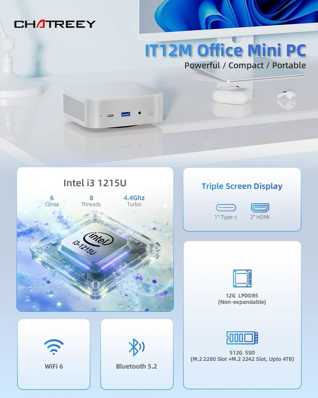Alt view image 2 of 7 - Mini PC Intel 12th Core i3-1215U (6C/8T), Mini Desktop Computer