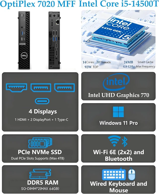 Alt view image 3 of 7 - Dell OptiPlex 7020 MFF 7000 Tiny Mini Business Desktop Computer, 16GB DDR5 RAM, 512GB PCIe SSD, 14th Gen Intel 14-Core i5-14500T (Beat i7-13700T), WiFi 6E, 2 DisplayPorts, HDMI, Type-C, Windows 11 Pro
