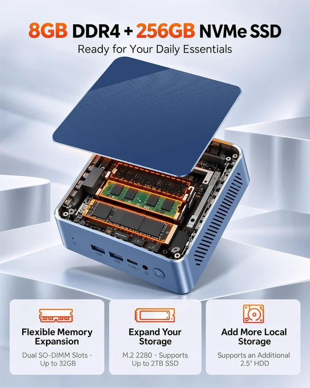 Alt view image 5 of 7 - Glorlin Mini PC, Ryzen 5 3501U, 8GB RAM 256GB NVMe SSD Mini Computers