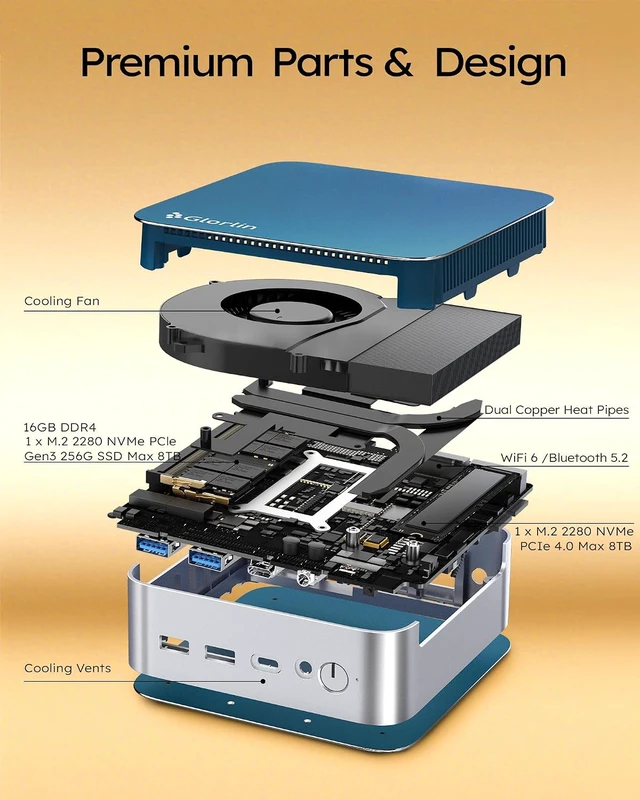 Alt view image 4 of 7 - Glorlin AT103 Mini PC Intel Core 3 100U 16GB DDR4 512GB SSD HDMI DP USB 3.2