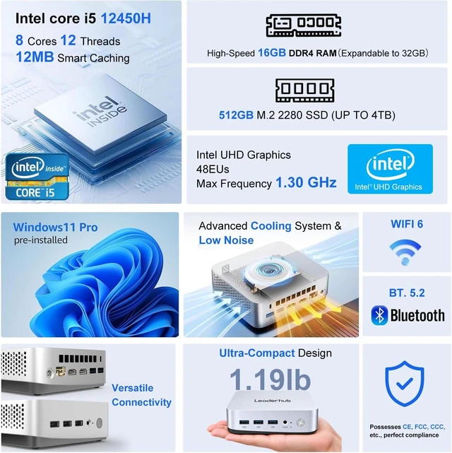 Alt view image 2 of 7 - LP5C Mini PC Intel Core i5-12450H(Low power),16GB RAM 512GB SSD