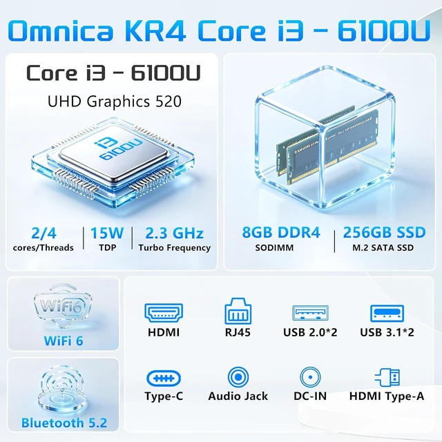 Alt view image 2 of 7 - Mini PC, Mini Desktop Computer with Core i3 6100U, 8GB RAM, 256GB SSD, Dual 4K Display, 2*Type-C, 2*HDMI, 4*USB WiFi 6, BT 5.2, Win 11 Pro, Small PC for Home, Office Multitasking