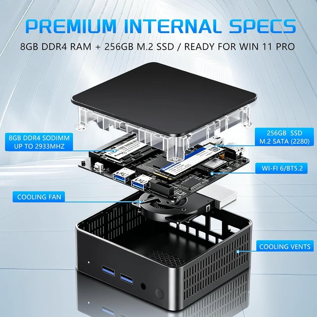 Alt view image 4 of 7 - Mini PC, Mini Desktop Computer with Core i3 6100U, 8GB RAM, 256GB SSD, Dual 4K Display, 2*Type-C, 2*HDMI, 4*USB WiFi 6, BT 5.2, Win 11 Pro, Small PC for Home, Office Multitasking