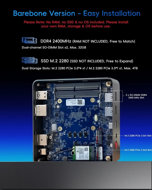 Alt view image 2 of 7 - Barebone Mini PC, AMD Ryzen 5 3500U (up to 3.7GHz), Without RAM/SSD/OS